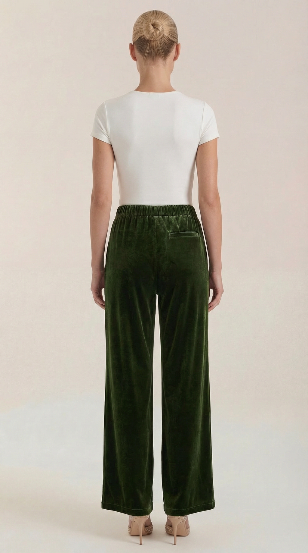 Dark green velvet wide-leg pants, back view, elastic waistband