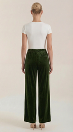 Dark green velvet wide-leg pants, back view, elastic waistband