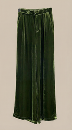 Dark green velvet wide-leg pants, front view, button detail and pleated waistband