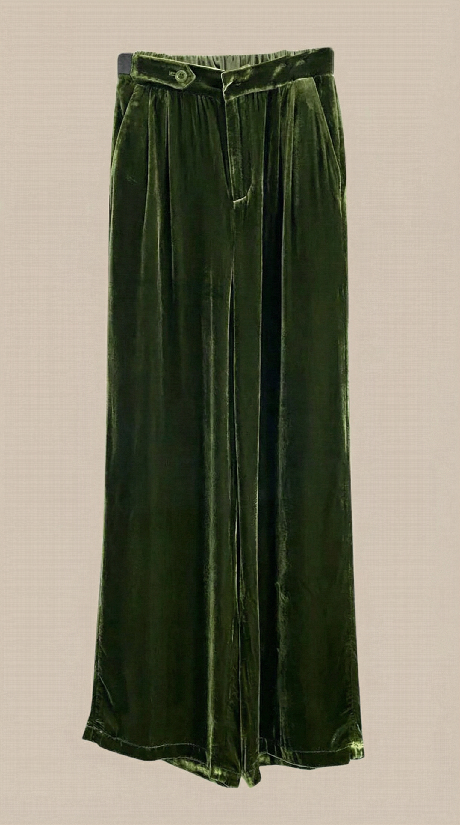 Dark green velvet wide-leg pants, front view, button detail and pleated waistband