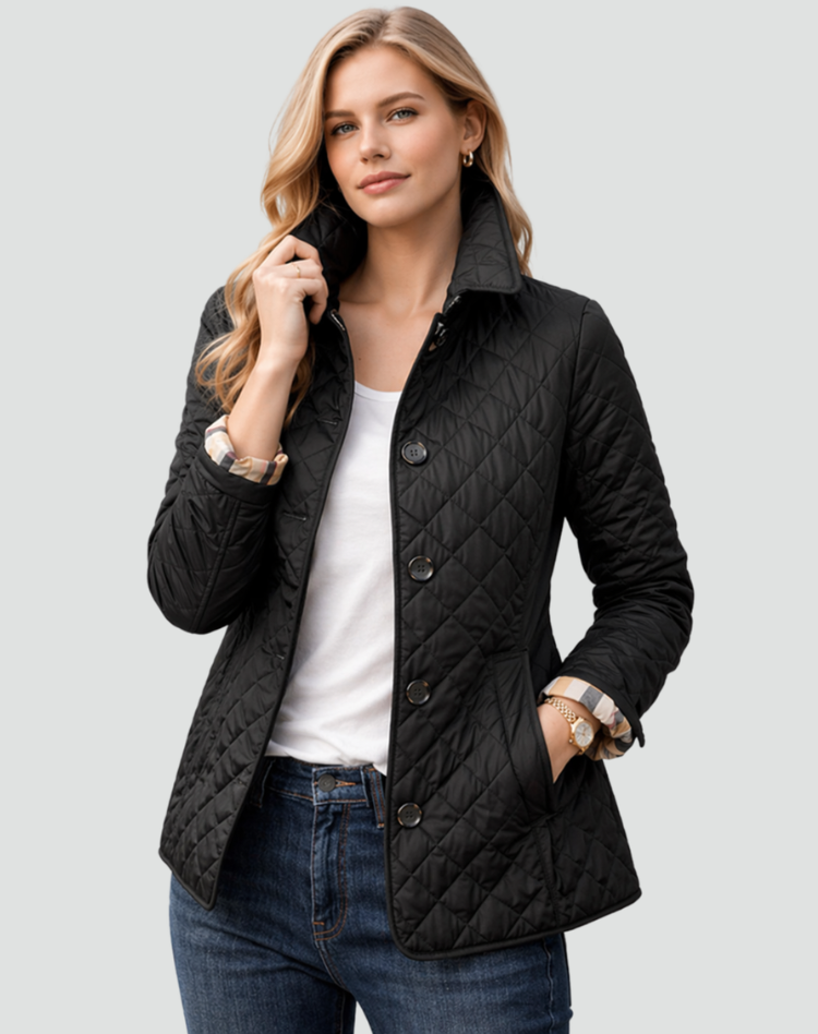 Black quilted jacket with button front, diamond stitching, and stand collar