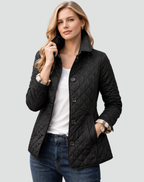 Black quilted jacket with button front, diamond stitching, and stand collar