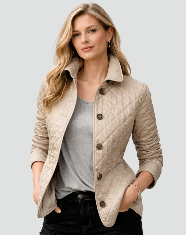 Beige quilted jacket with button front, diamond pattern, and stand collar