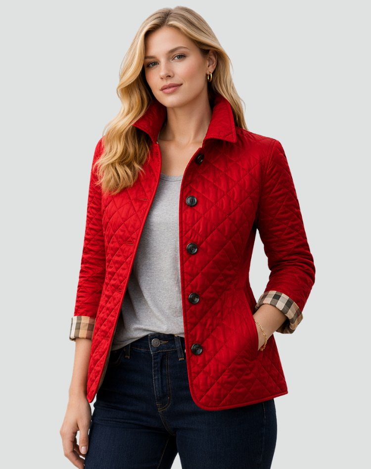 Red quilted jacket with button front, diamond stitching, and three-quarter sleeves