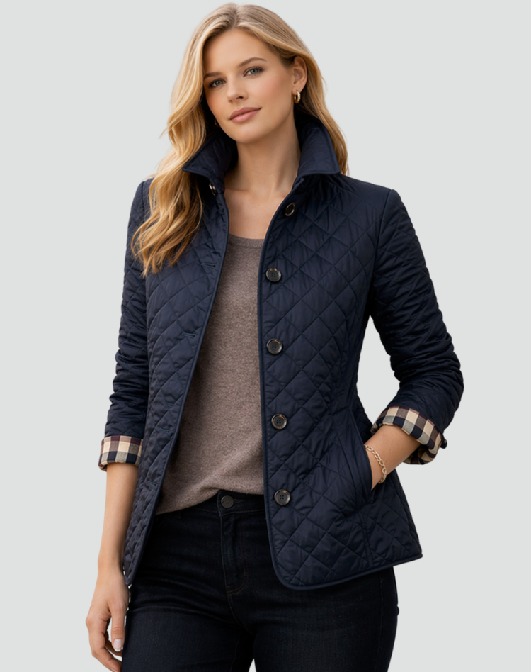 Navy quilted jacket with button front and diamond stitching, lightweight padded coat