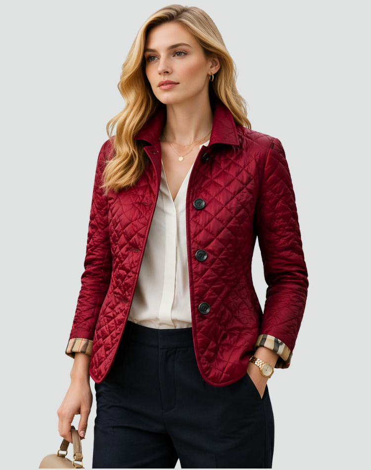 Wine red quilted jacket with button front, diamond stitching, and stand collar