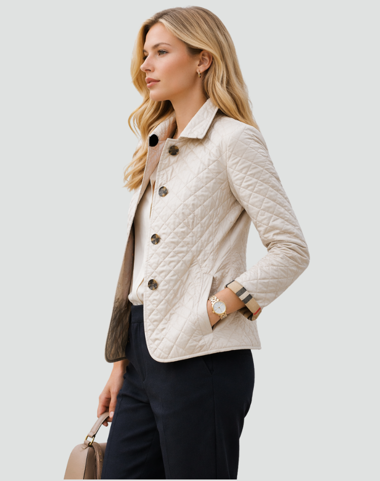 Cream quilted jacket with button front and diamond pattern, lightweight padded