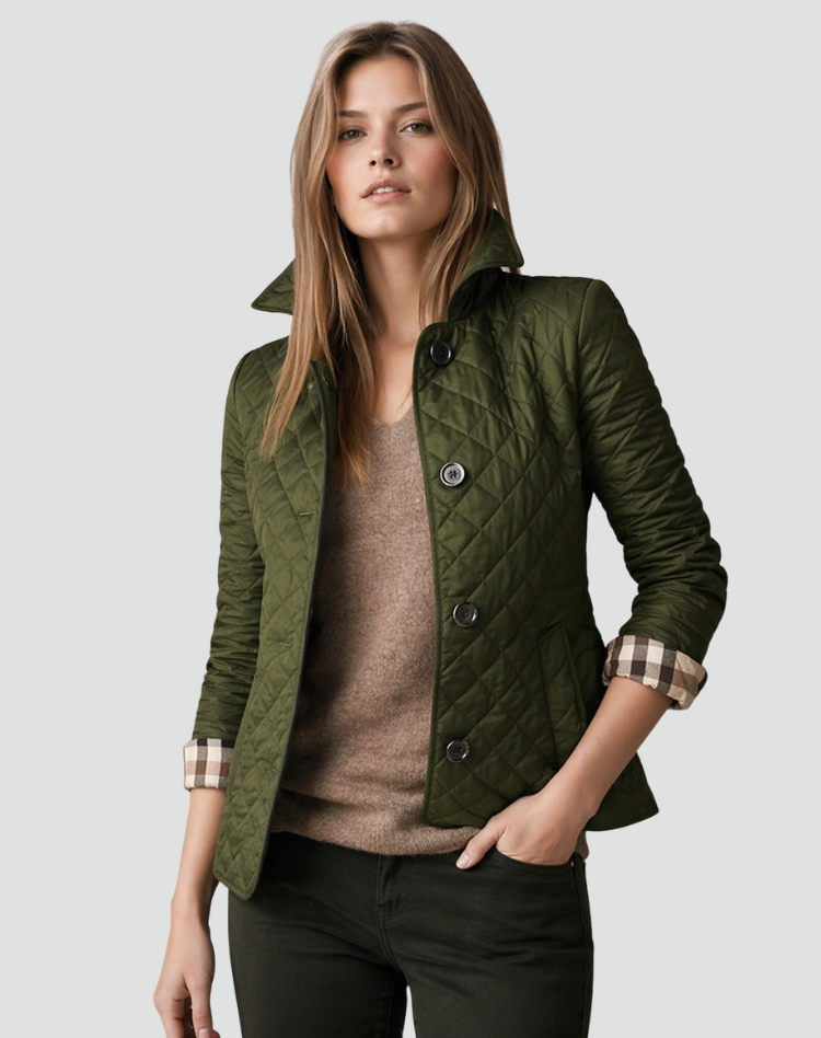 Olive green quilted jacket with button front, diamond stitching, and stand collar