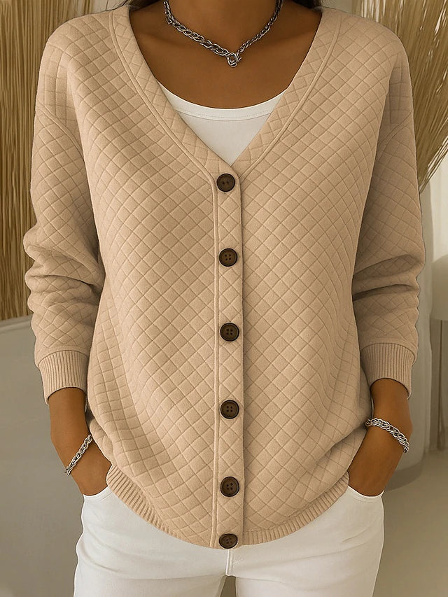 Beige quilted relaxed cardigan sweater with V-neck and button front