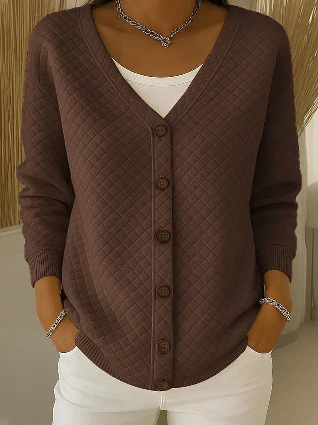 Brown quilted relaxed cardigan sweater with V-neck and button front