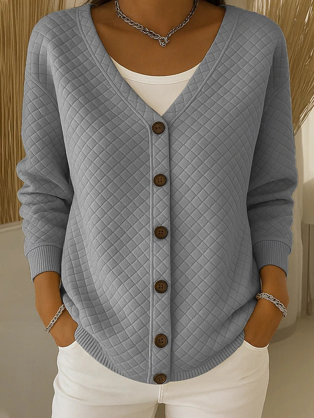 Light gray quilted relaxed cardigan sweater with V-neck and button front