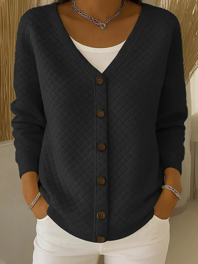 Black quilted relaxed cardigan sweater with V-neck and button front