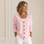Pink quilted relaxed cardigan sweater with V-neck and four-button front