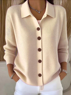 Beige knit button-front cardigan with pointed collar and long sleeves