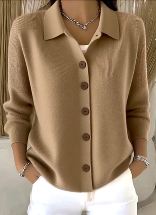 Khaki knit button-front cardigan with pointed collar and long sleeves