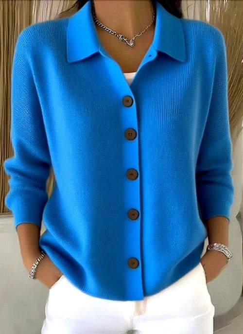 Blue knit button-front cardigan with pointed collar and long sleeves