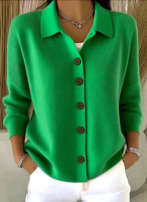 Green knit button-front cardigan with pointed collar and long sleeves