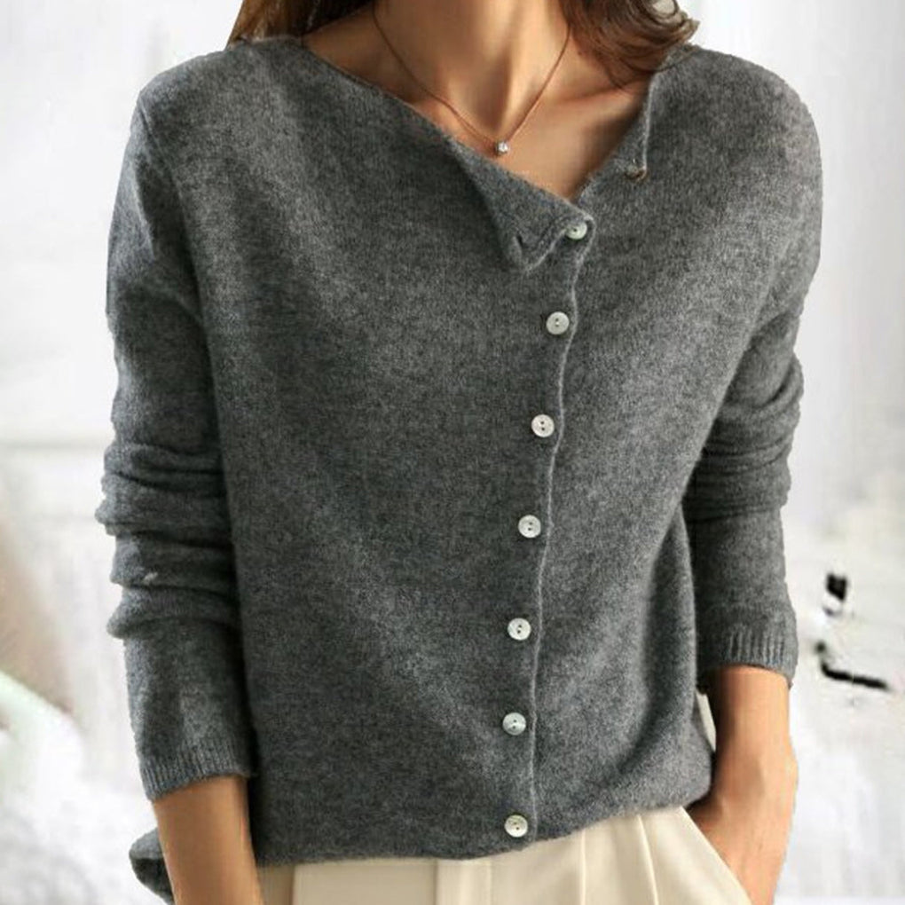 Women's wool-blend cardigan in dark grey with button placket and V-neck, long sleeves