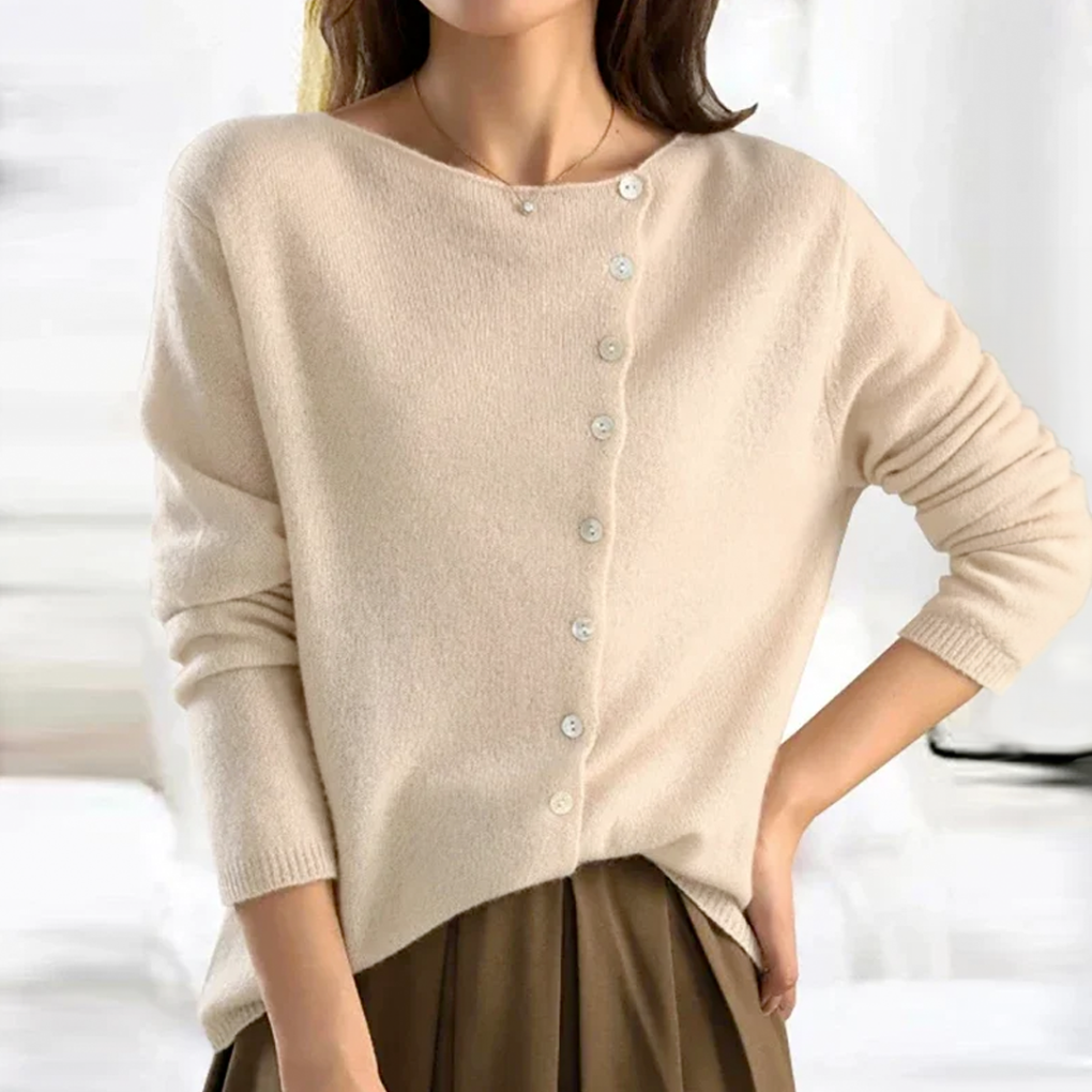 Women's wool-blend cardigan in beige with front buttons, rounded neckline, long sleeves
