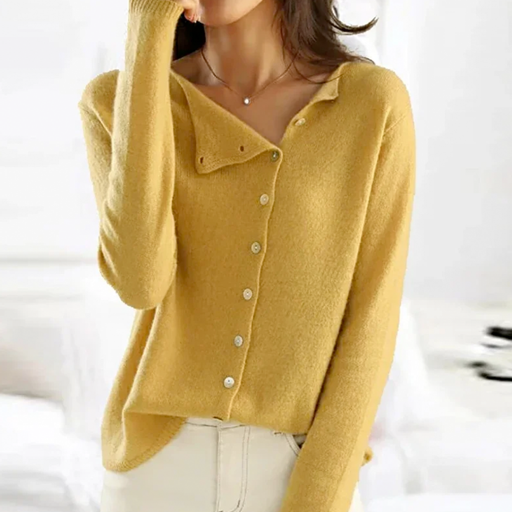 Women's wool-blend cardigan in mustard yellow with button placket, V-neck, long sleeves