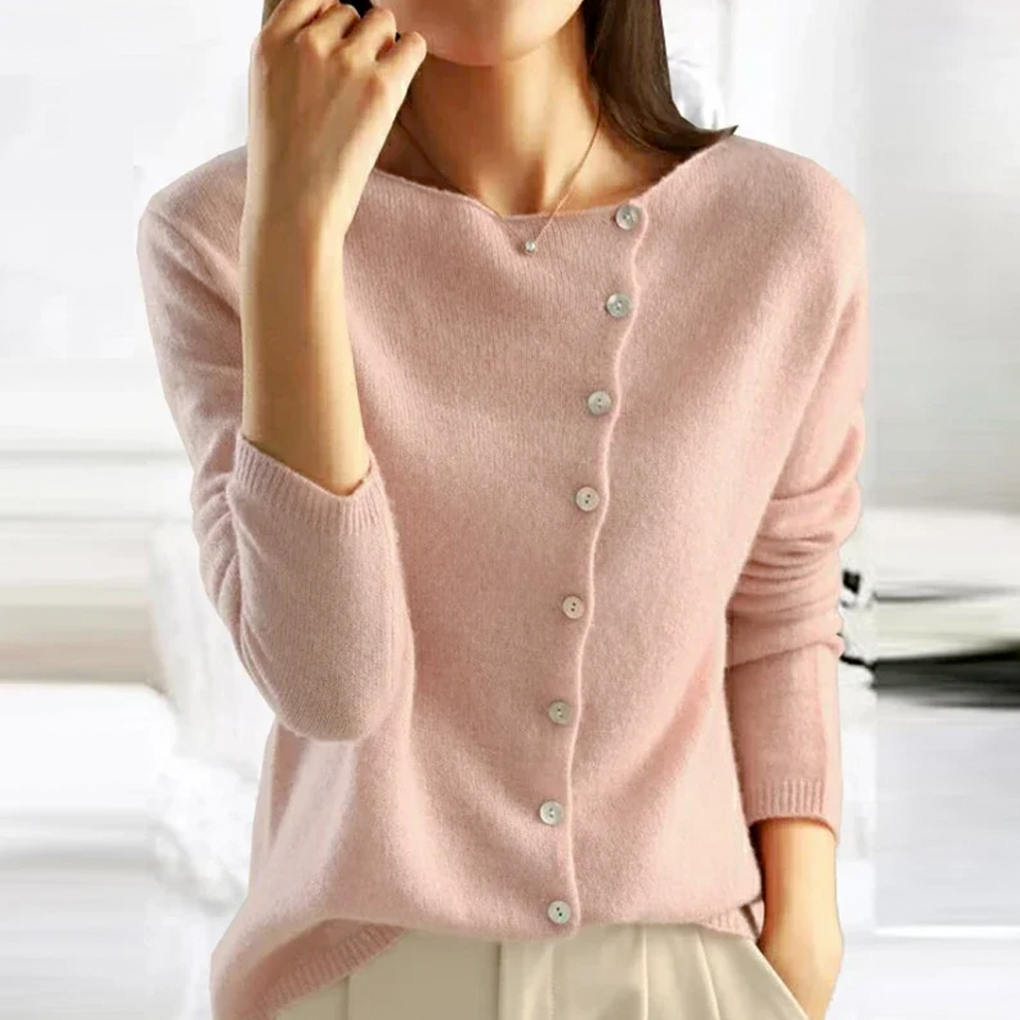 Women's wool-blend cardigan in light pink with front buttons, V-neck, long sleeves