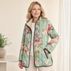 Lightweight quilted floral jacket, teal with pink roses, black edging and snap front buttons