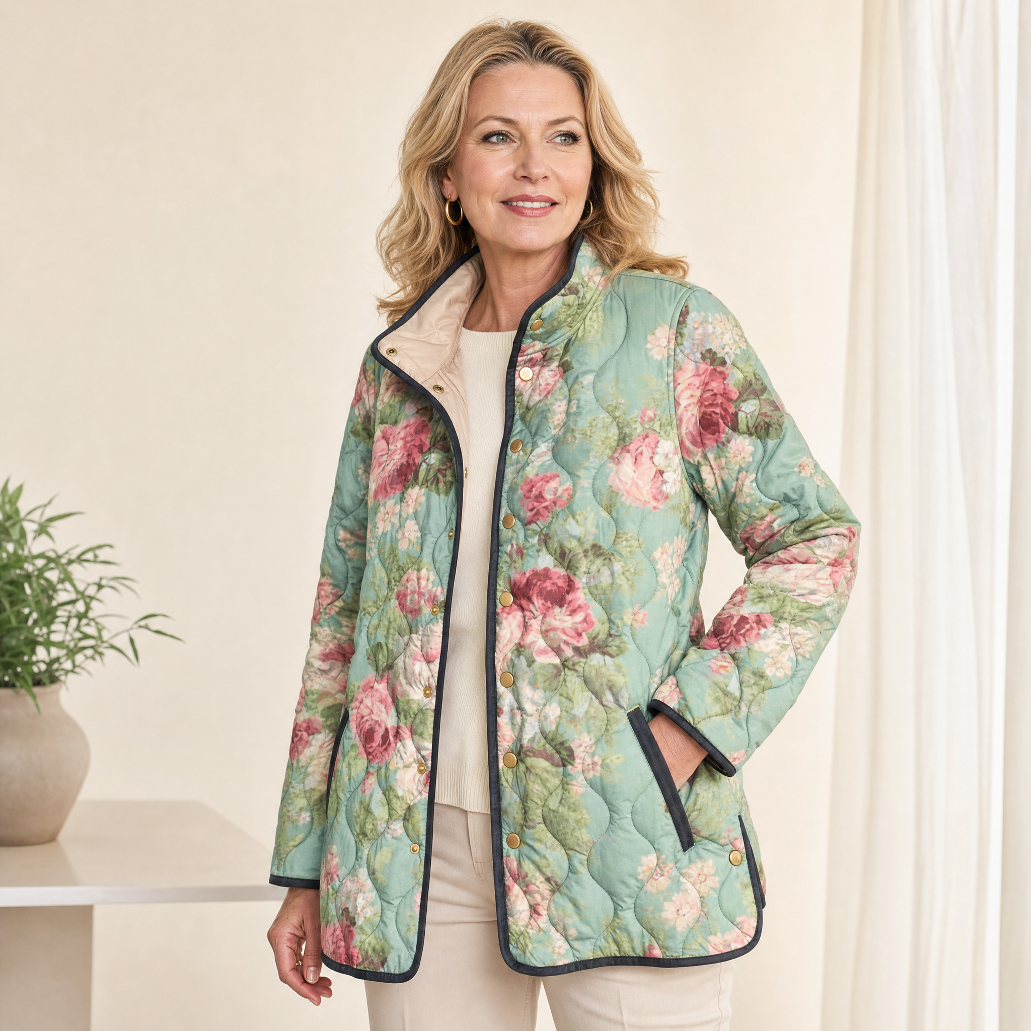 Lightweight quilted floral jacket, teal with pink roses, black edging and snap front buttons