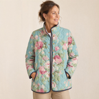 Lightweight quilted floral jacket in teal with pink rose print and black-trimmed stand collar