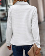 White ribbed quarter-zip sweater back view with raised collar, long sleeves