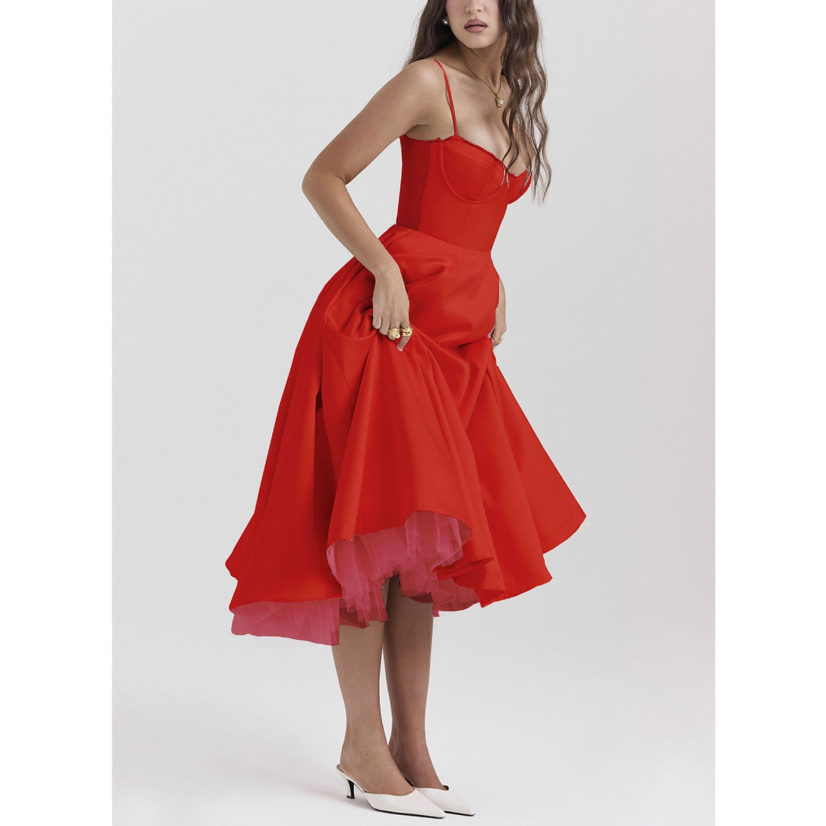 Red bustier midi dress with thin straps and layered tulle high-low skirt