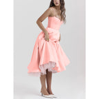 Pink bustier midi dress with thin straps and layered tulle high-low skirt