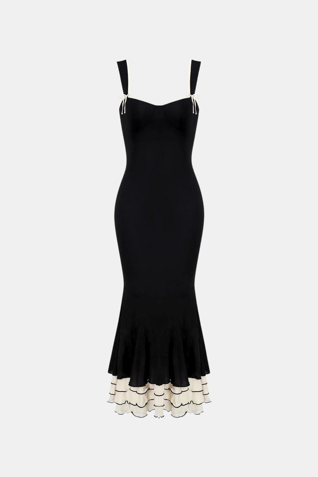Black fitted midi dress with spaghetti straps and layered ruffle fishtail hem