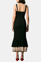 Black back view midi dress with spaghetti straps and layered ruffle hem