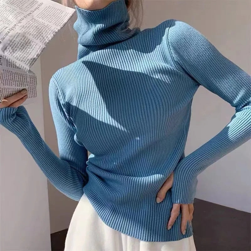Women’s ribbed turtleneck sweater, light blue, long sleeves, slim stretch knit.