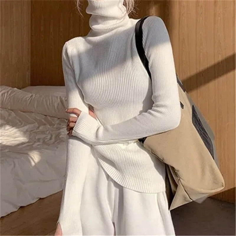 Women’s ribbed turtleneck sweater, white, long sleeves, slim stretch knit.