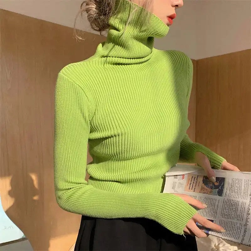 Women’s ribbed turtleneck sweater, bright lime green, long sleeves, slim knit.