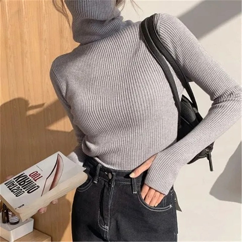 Women’s ribbed turtleneck sweater, light gray, long sleeves, slim stretch knit.