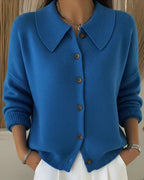 Blue cropped cardigan sweater with point collar and button front knit sleeves 0
