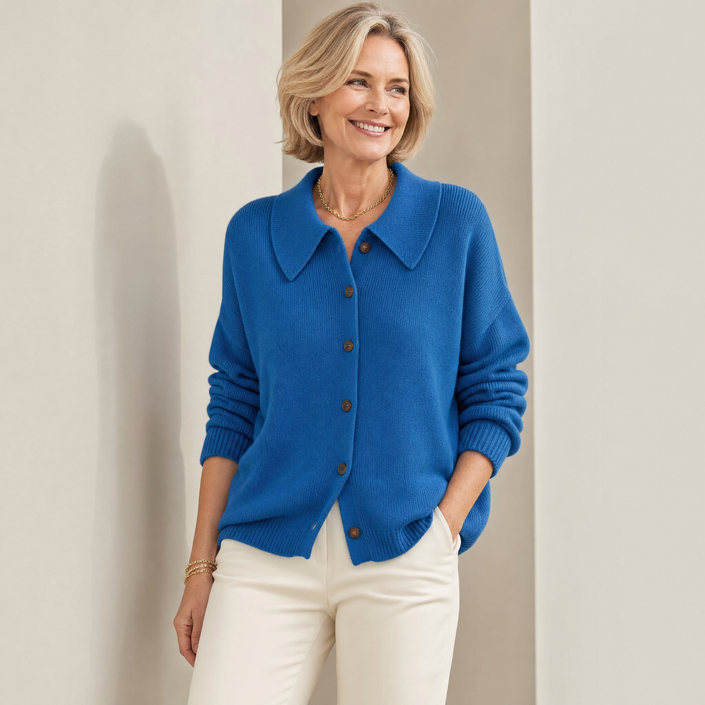 Blue cropped knit cardigan with point collar and front button placket, relaxed fit