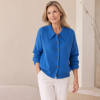 Blue cropped knit cardigan with point collar, button front, ribbed cuffs and hem