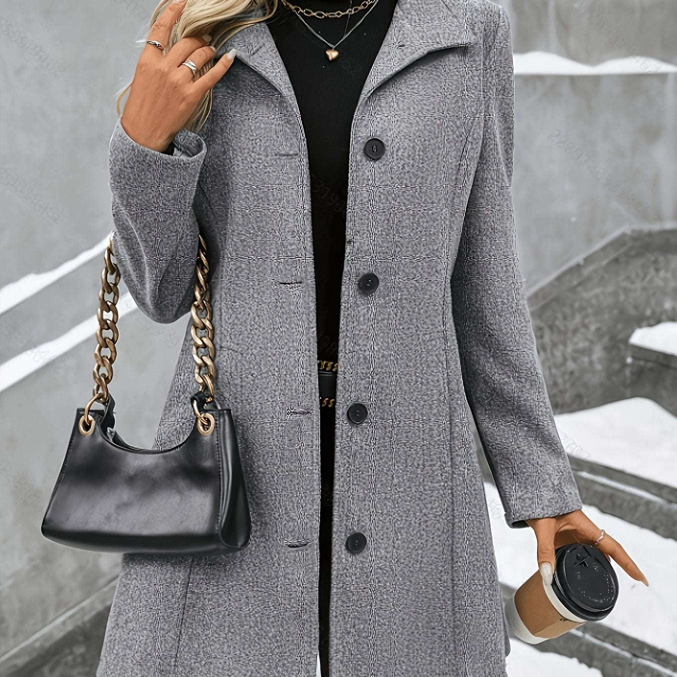Women’s longline wool coat with notch collar, single-breasted, grey, button front