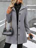 Women’s longline wool coat with notch collar, single-breasted, grey, front button placket