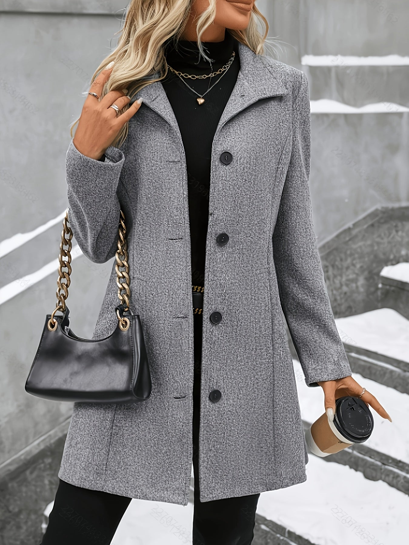 Women’s longline wool coat with notch collar, single-breasted, grey, front button placket