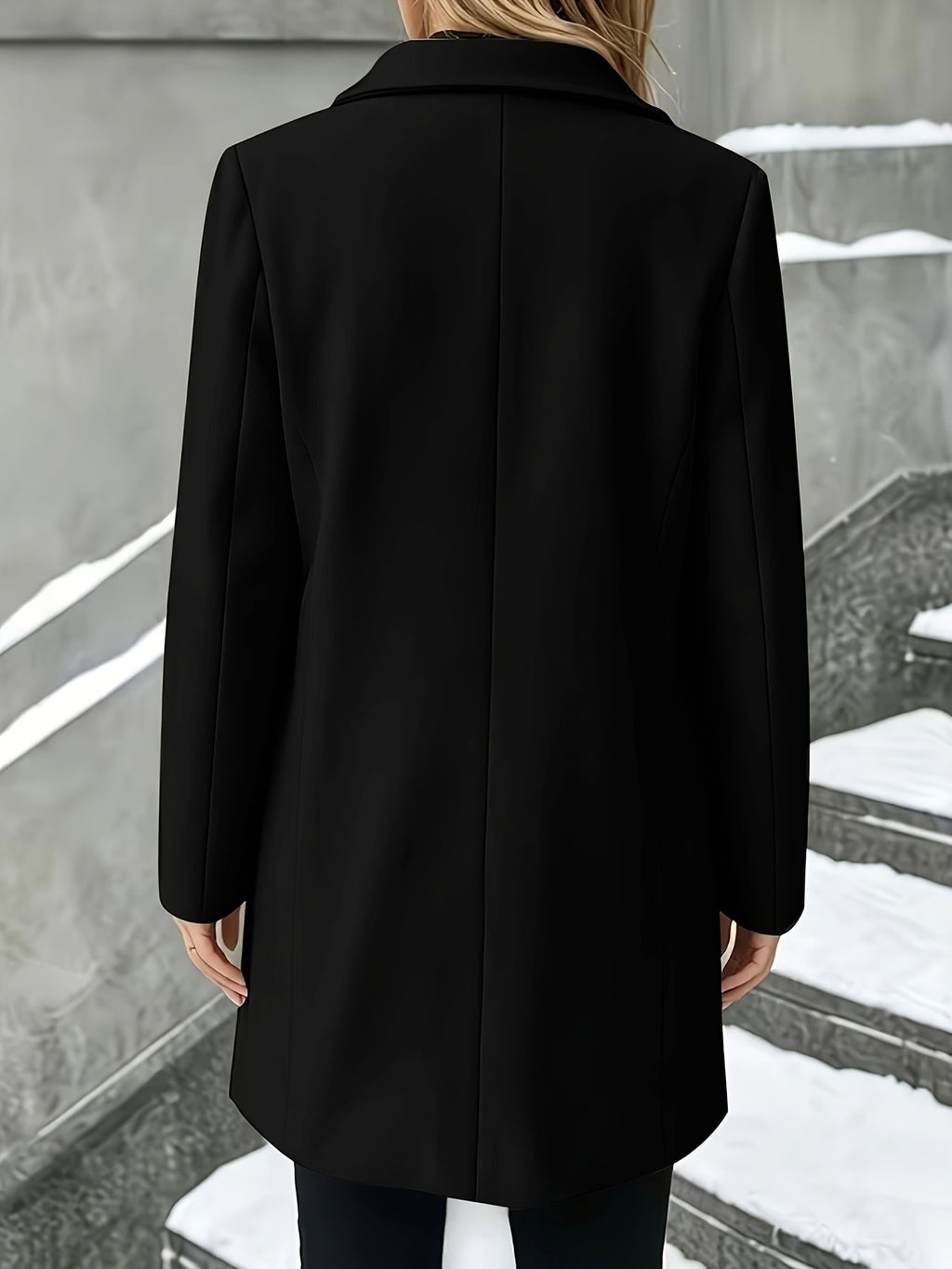 Black longline wool coat, single-breasted with notch collar and front button back