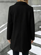 Black longline wool coat, single-breasted with notch collar and front button back