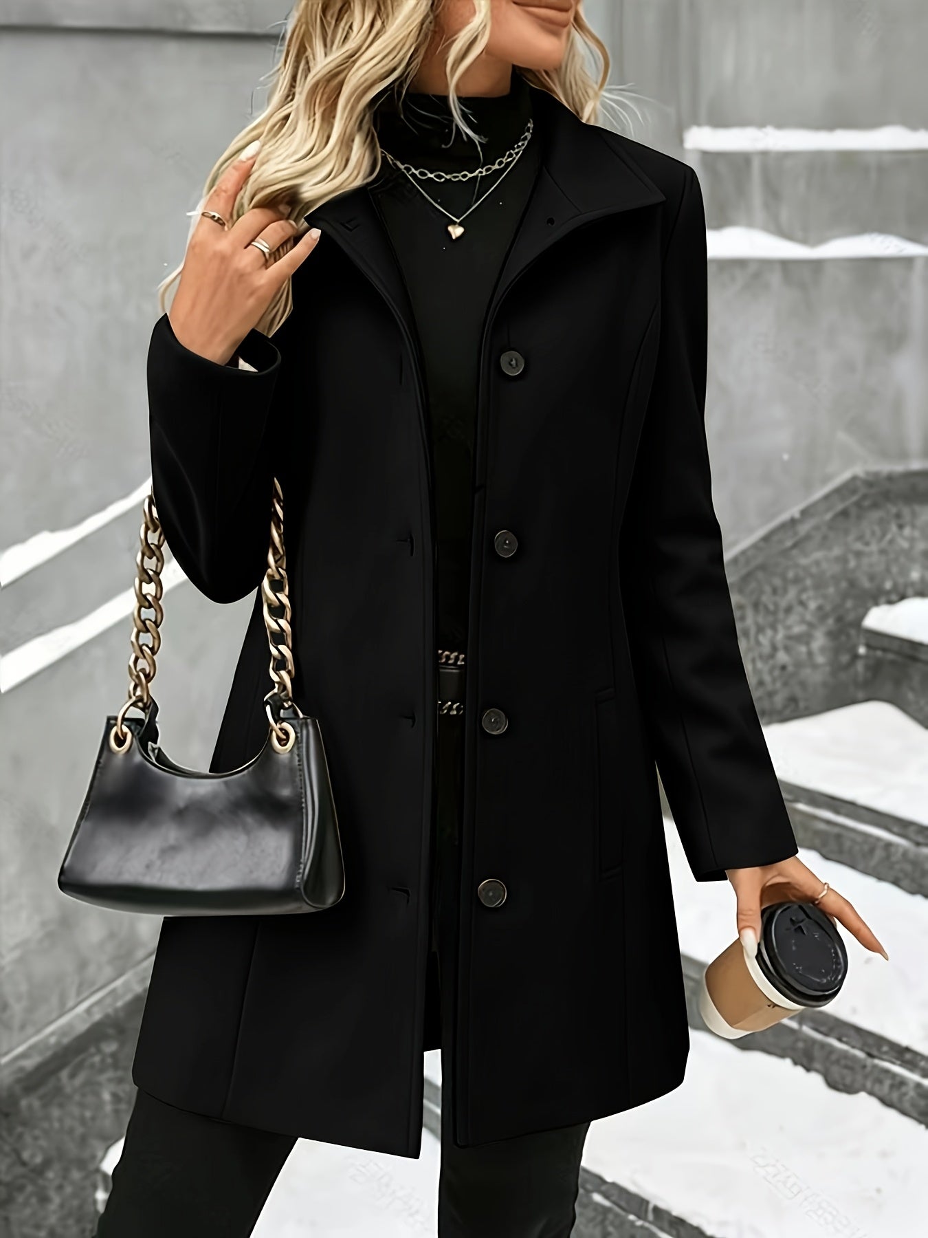 Women’s longline wool coat with notch collar, single-breasted, black, button front