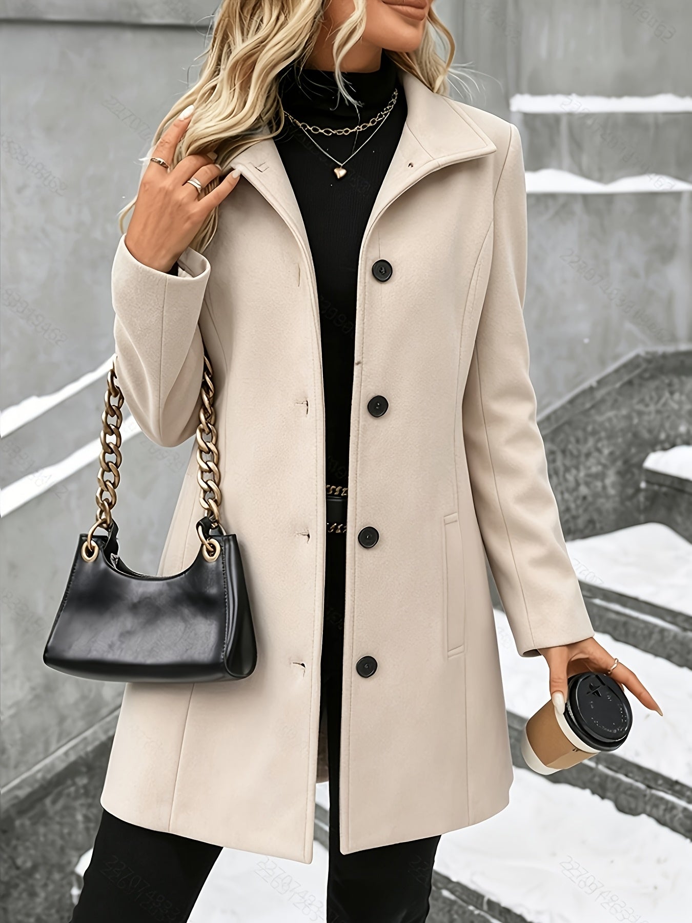 Women’s longline wool coat with notch collar, single-breasted, apricot, button front