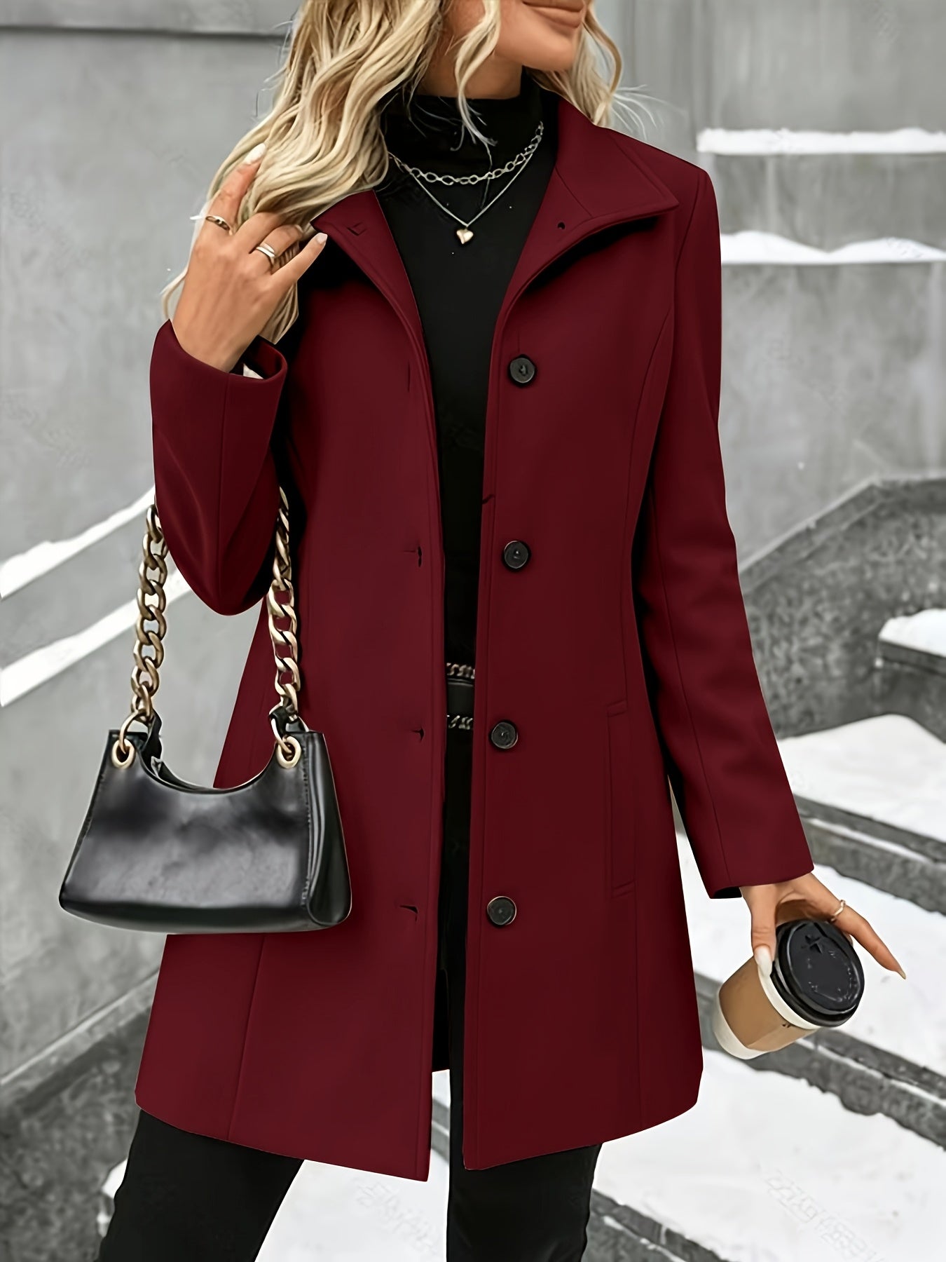 Women’s longline wool coat with notch collar, single-breasted, burgundy, button front