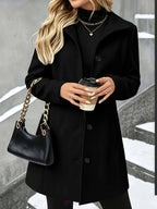 Women’s longline wool coat with notch collar, single-breasted, black, button-down front