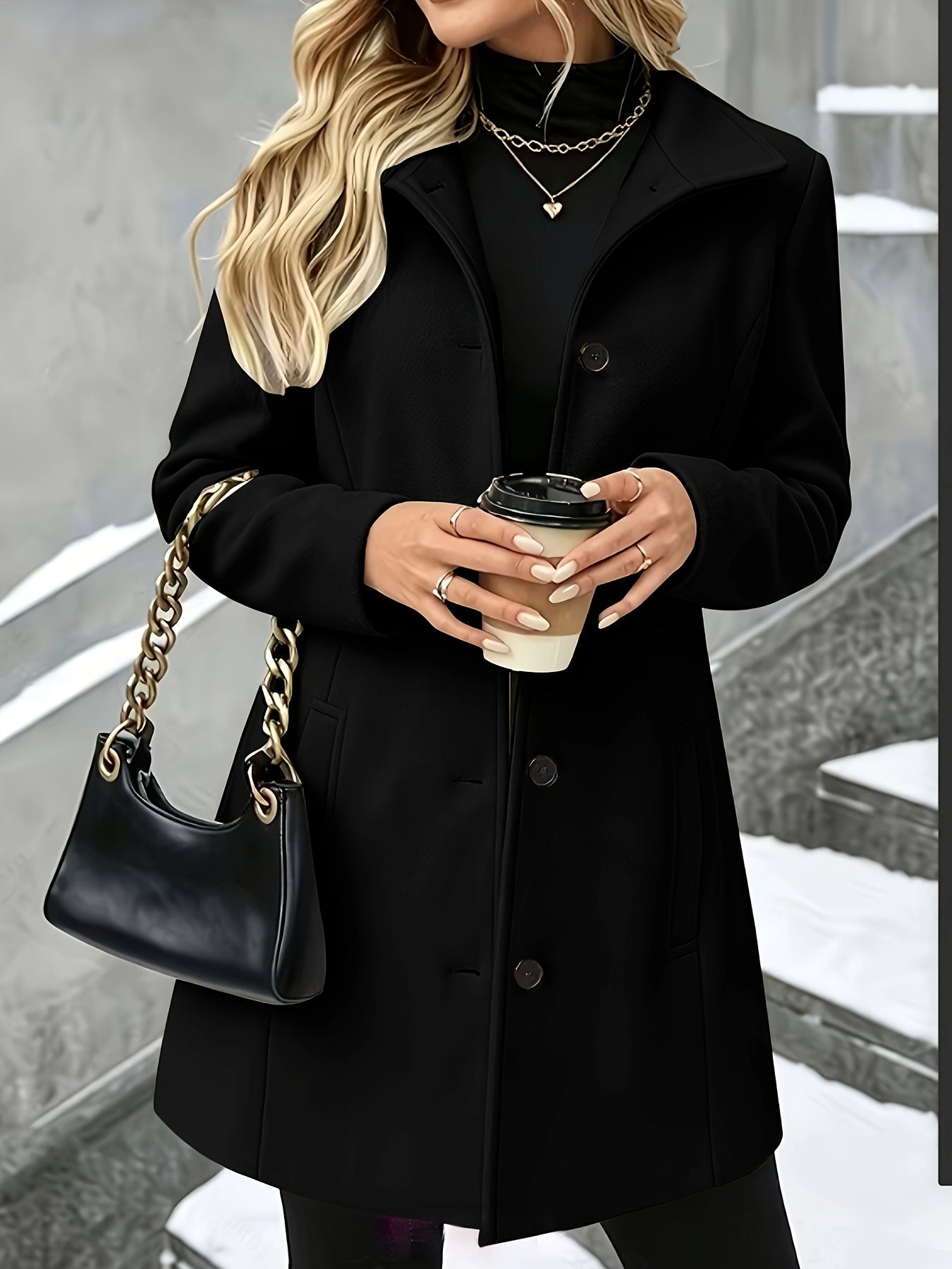 Women’s longline wool coat with notch collar, single-breasted, black, button-down front
